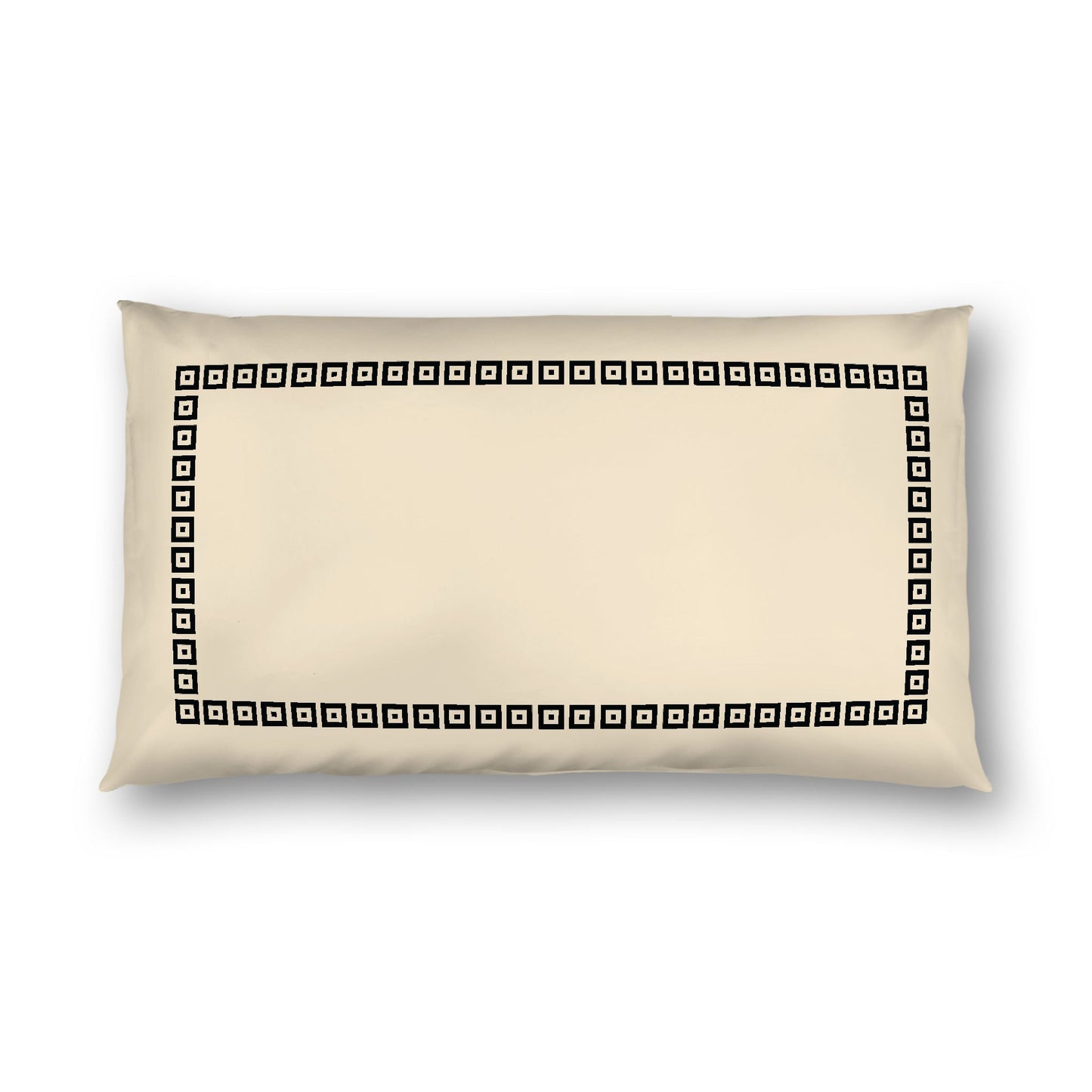 Beige Cotton Sateen Pillow Sham, Black Repeating Square Motif Print, Classic Border, White Reverse Side, King - 20 x 36 inches