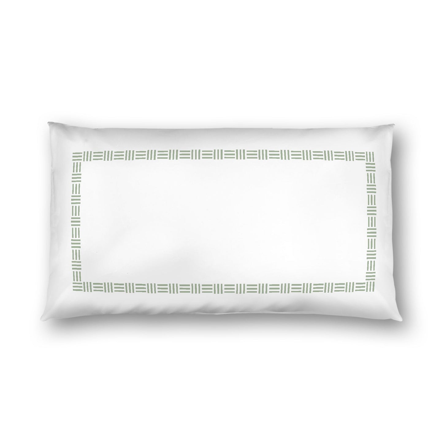 Off-white Cotton Sateen Pillow Sham, Green Single Weave Motif Print, Classic Border, White Reverse Side, King - 20 x 36 inches