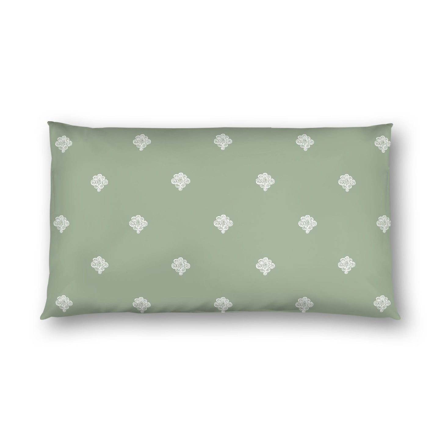 Green Cotton Sateen Pillow Sham, Off-white Hand-painted Swizzle Motif Print, White Reverse Side, King - 20 x 36 inches