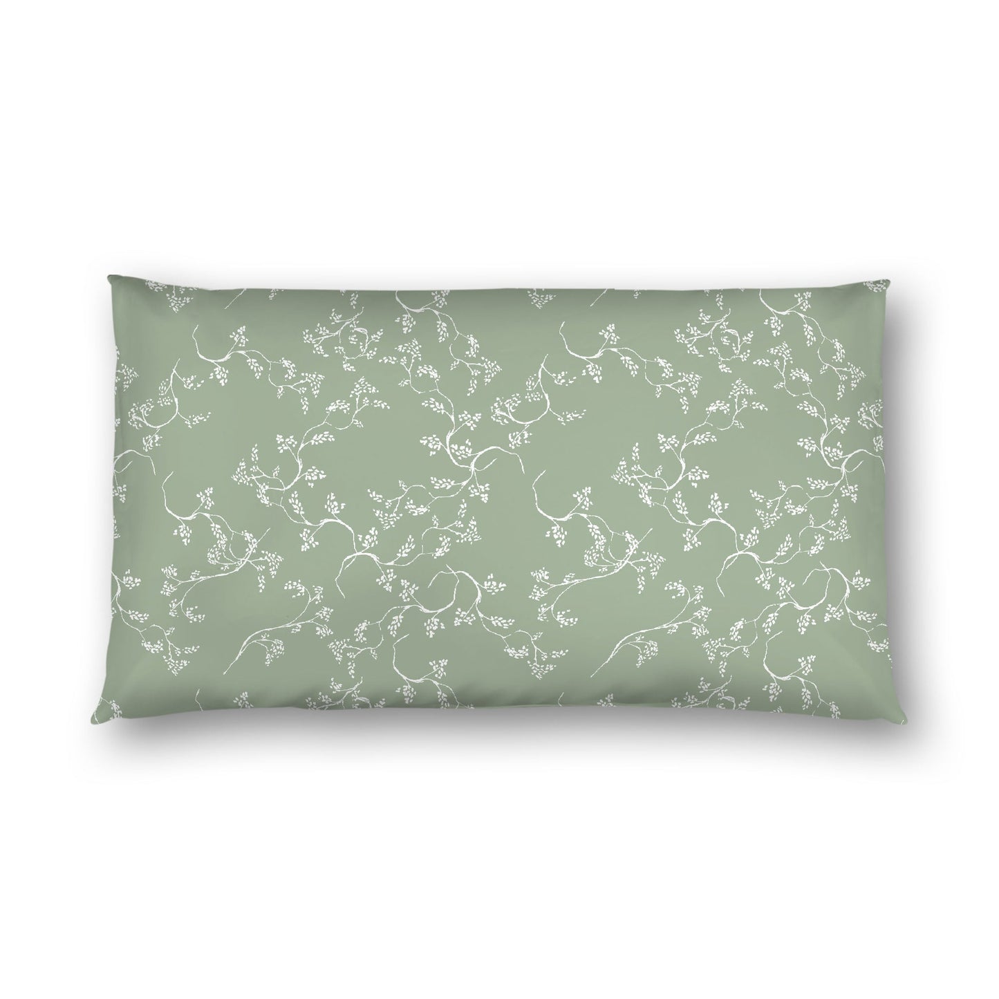 Green Cotton Sateen Pillow Sham, Off-white Vine Print on Front, White Reverse Side, King - 20 x 36 inches