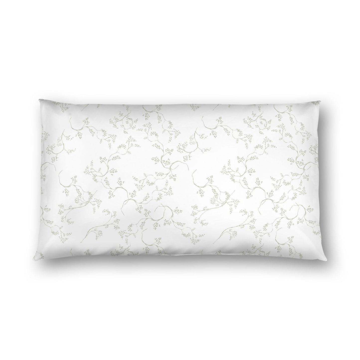 Off-white Cotton Sateen Pillow Sham, Pale Green Hand-painted Vine Print, White Reverse Side, King - 20 x 36 inches