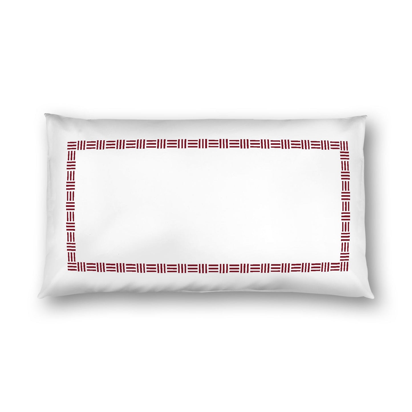 Off-White Cotton Sateen Pillow Sham, Burgundy Red Single Weave Motif Print, Classic Border, White Reverse Side, King (width x length) 20 x 36 inches / 51 x 91 cm