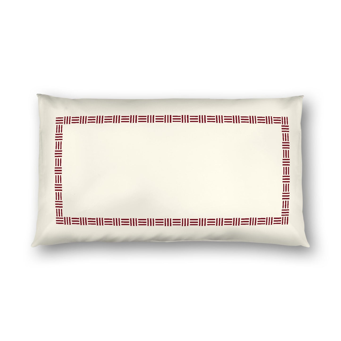 Pale Cream Cotton Sateen Pillow Sham, Burgundy Red Single Weave Motif Print, Classic Border, White Reverse Side, King - 20 x 36 inches
