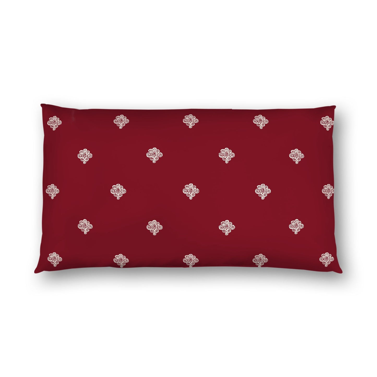 Burgundy Red Cotton Sateen Pillow Sham, Pale Cream Hand-painted Swizzle Motif Print, White Reverse Side, King - 20 x 36 inches