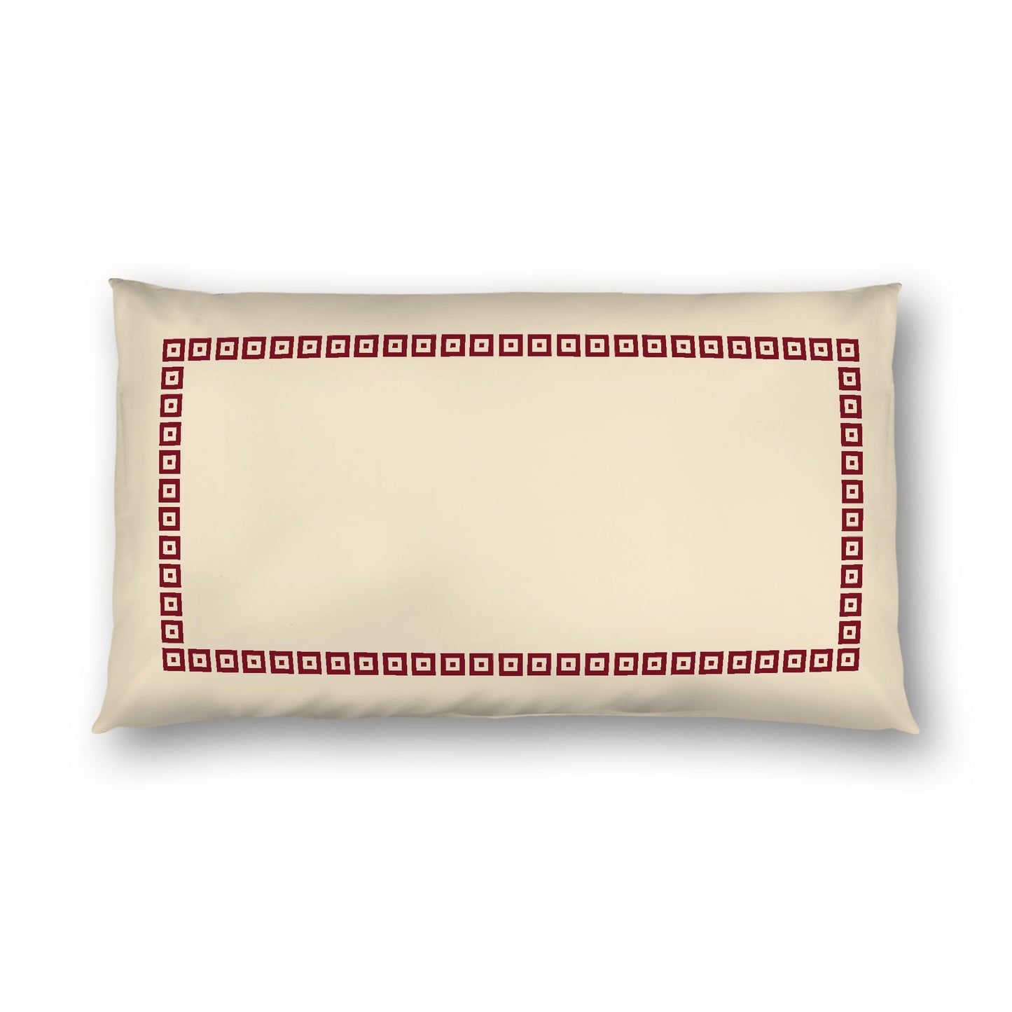 Beige Cotton Sateen Pillow Sham, Burgundy Red Repeating Square Motif Print, Classic Border, White Reverse Side, King - 20 x 36 inches