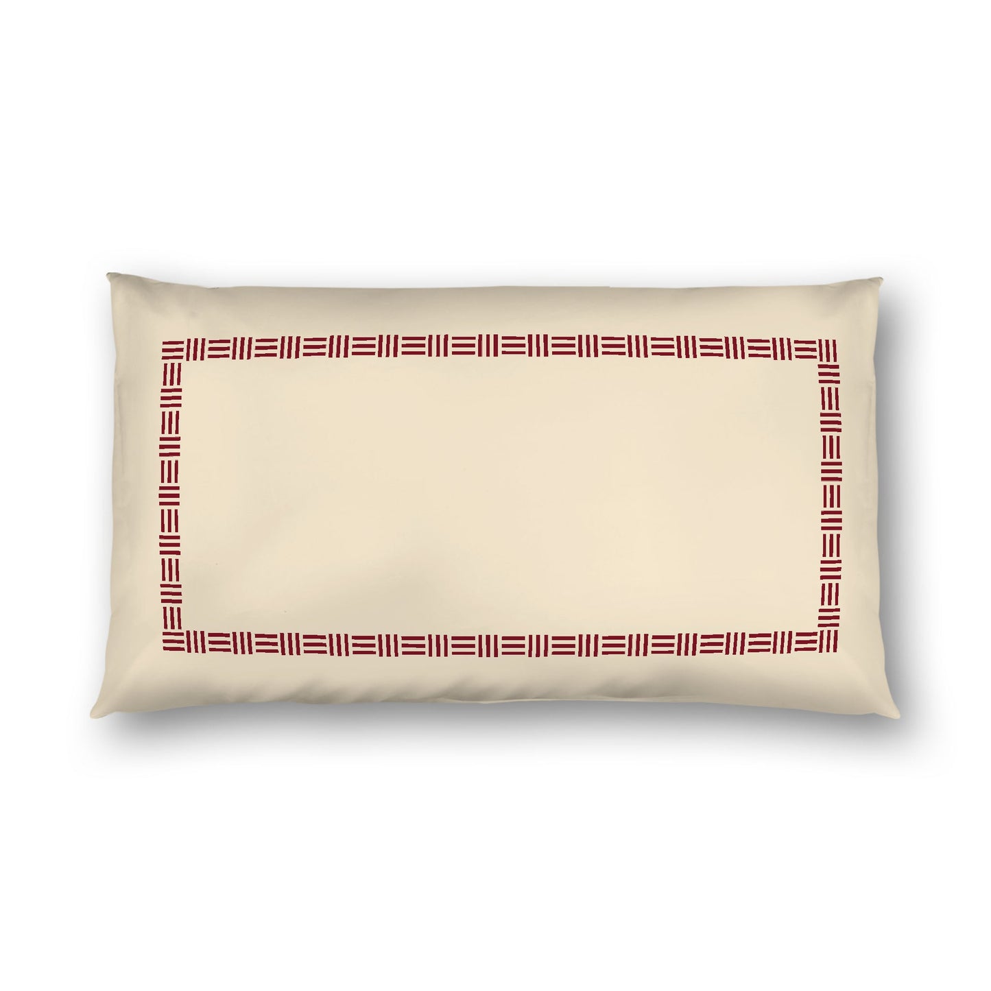 Beige Cotton Sateen Pillow Sham, Burgundy Red Single Weave Motif Print, Classic Border, White Reverse Side, King - 20 x 36 inches