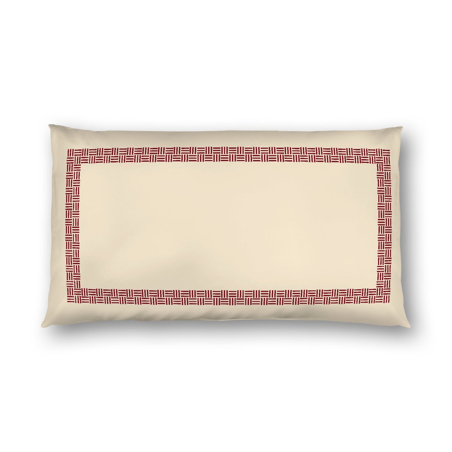 Beige Cotton Sateen Pillow Sham, Burgundy Red Double Weave Motif Print, Classic Border, White Reverse Side, King - 20 x 36 inches