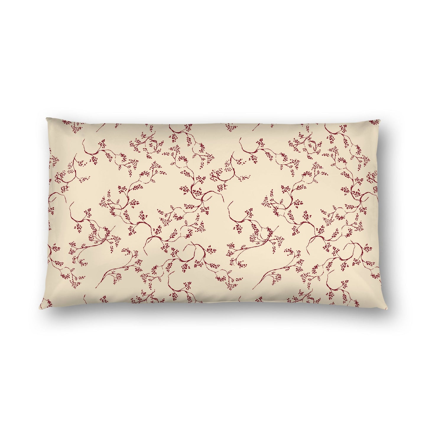 Beige Cotton Sateen Pillow Sham, Burgundy Red Hand-painted Vine Print, White Reverse Side, King - 20 x 36 inches
