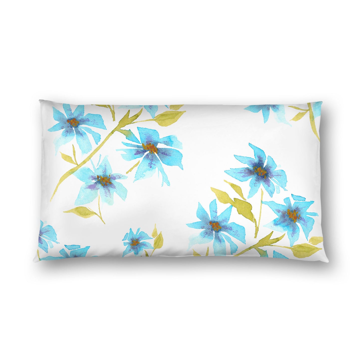 Off-White Cotton Sateen Pillow Sham, Large Blue Floral Print, King - 20 x 36 inches