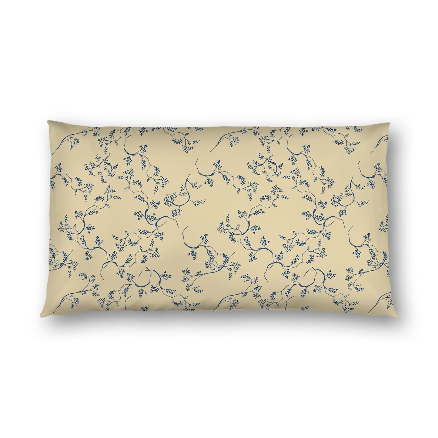 Tan Cotton Sateen Pillow Sham, Royal Blue Hand-painted Vine Print, White Reverse Side | CSSH-1294-181, King - 51 x 91 cm / 20 x 36 inches