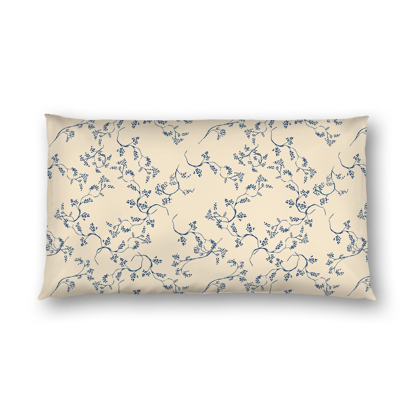 Beige Cotton Sateen Pillow Sham, Royal Blue Hand-painted Vine Print, White Reverse Side | CSSH-1295-181, King - 51 x 91 cm / 20 x 36 inches