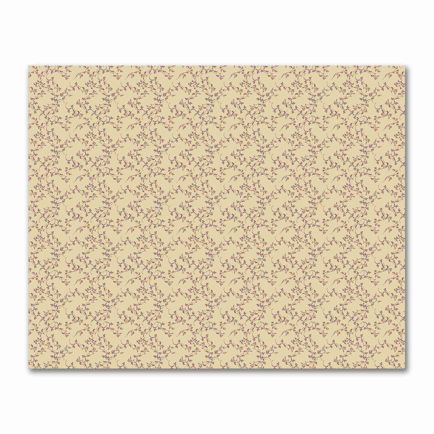 Tan Cotton Sateen Fabric with Burgundy Red Hand-painted Vine Print | FACS-1284-181