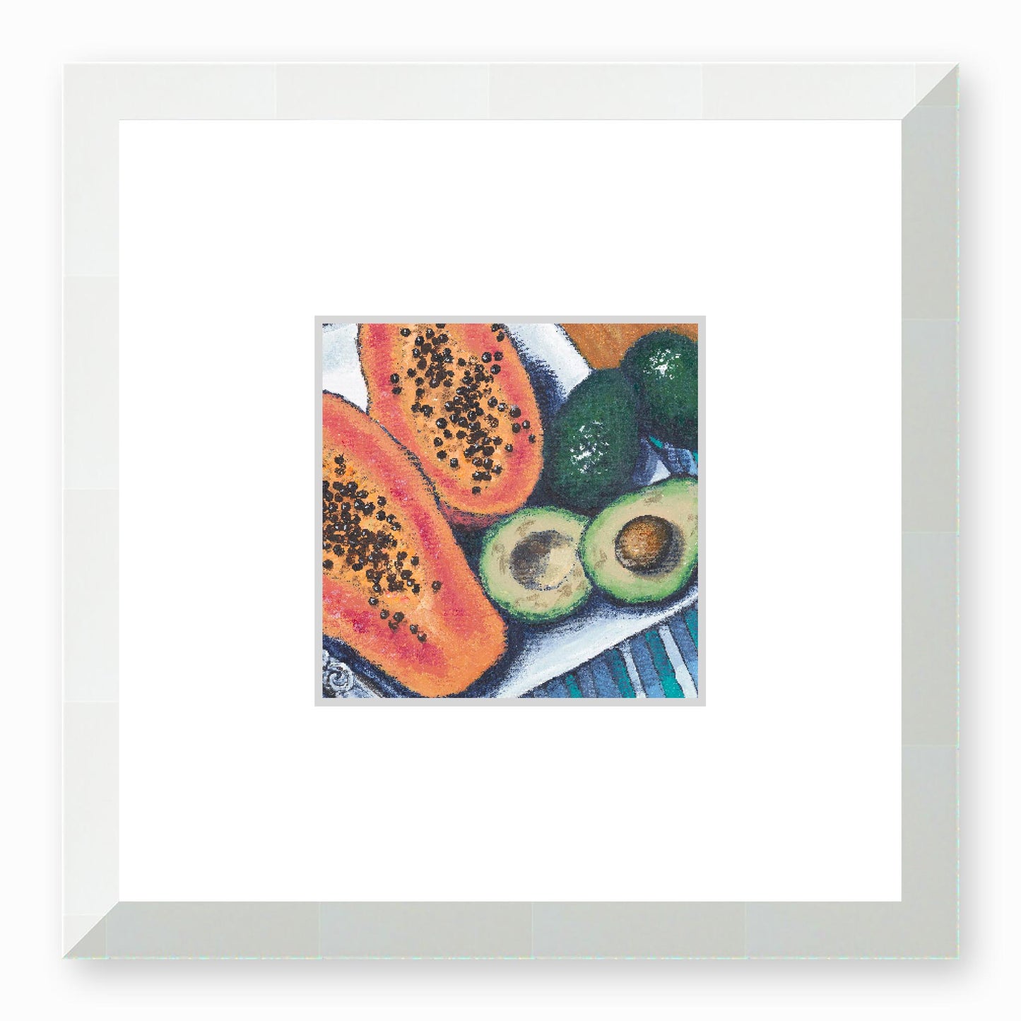 Framed Fine Art Print, Faux Mat - 12x12 inches | Papayas & Avocados in Acrylic, FMS-1000-1105, Prints, Fine art, White Frame, 30 x 30 cm ,12 x 12 inches