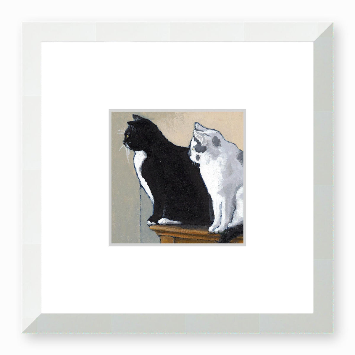 Black Cat White Cat Framed Fine Art Print with Faux Mat Board | 30 x 30 cm / 12 x 12 inches | White Frame