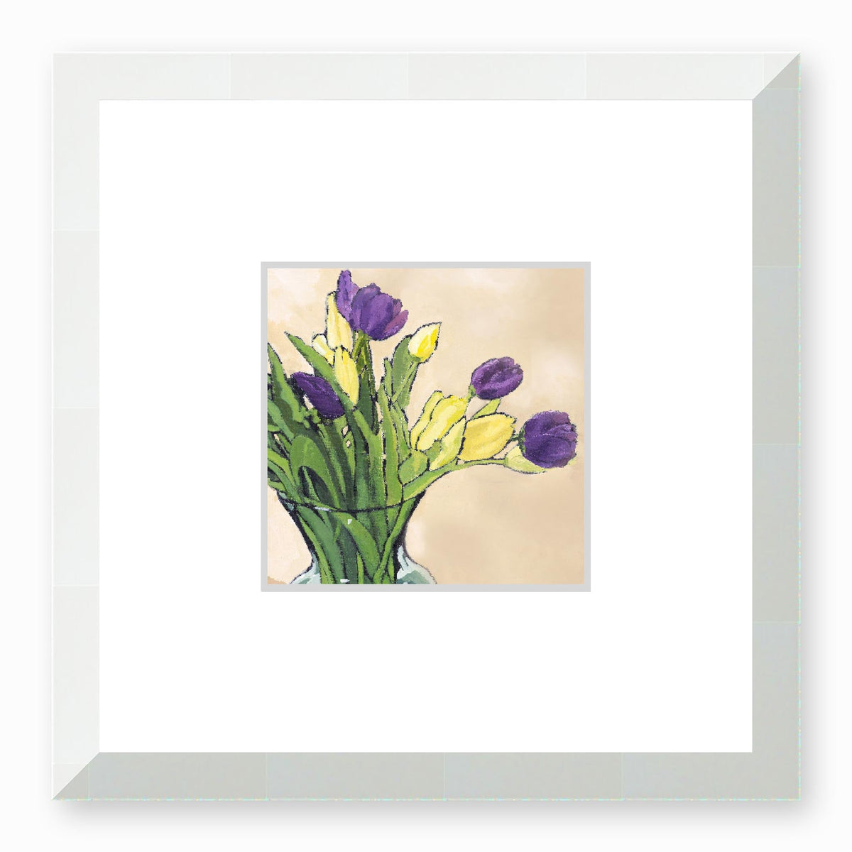 Purple & Yellow Tulips Framed Fine Art Print with Faux Mat Board | 30 x 30 cm / 12 x 12 inches | White Frame