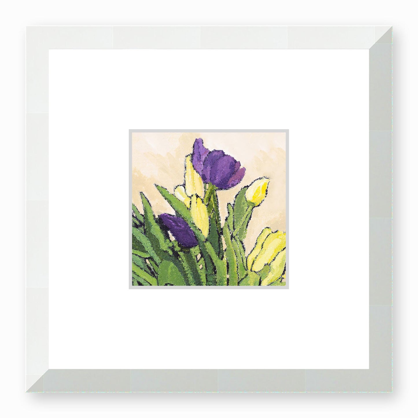 Framed Fine Art Print, Faux Mat - 12x12 inches | Purple & Yellow Tulips in Acrylic, FMS-1060-002, Prints, Fine art, White Frame, 30 x 30 cm ,12 x 12 inches