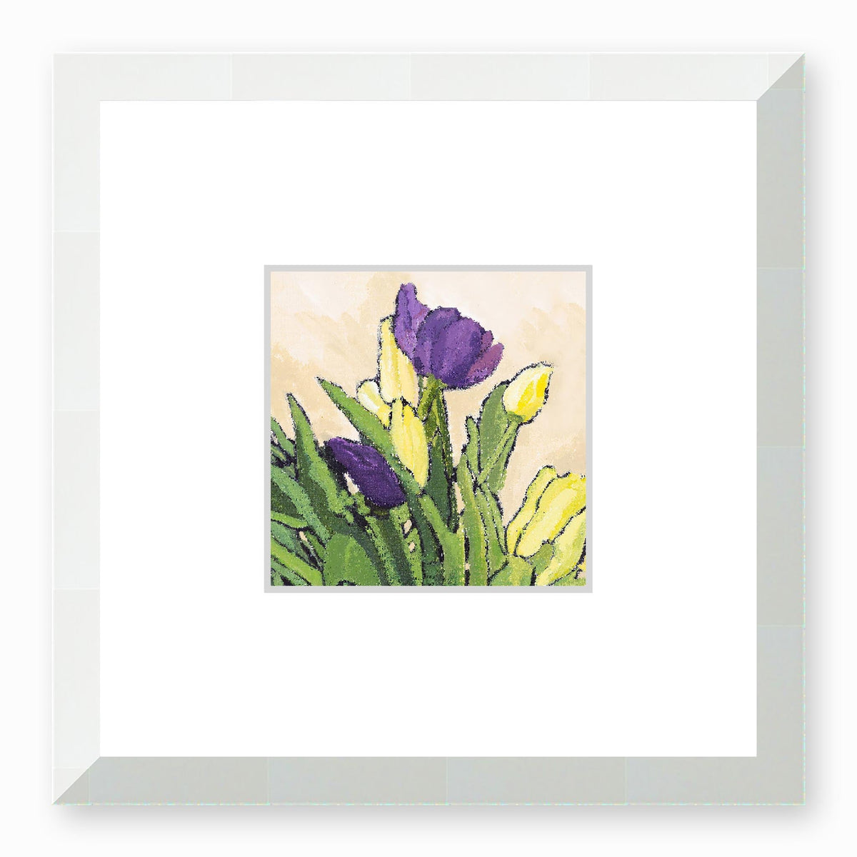 Purple & Yellow Tulips Framed Fine Art Print with Faux Mat Board | 30 x 30 cm / 12 x 12 inches | White Frame