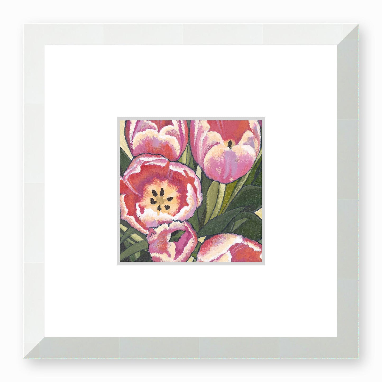 Framed Fine Art Print, Faux Mat - 12x12 inches | Pink Tulips in Acrylic, FMS-1080, Prints, Fine art, White Frame, 30 x 30 cm ,12 x 12 inches