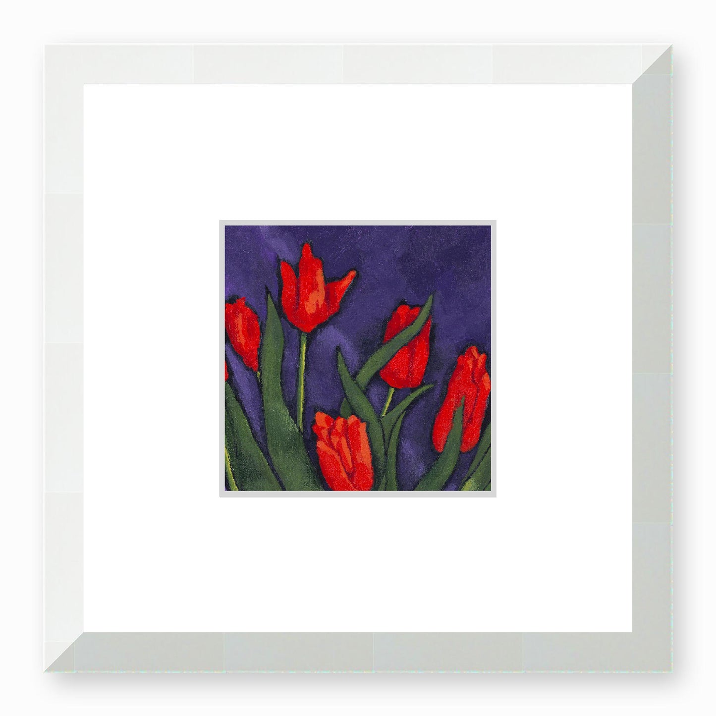 Framed Fine Art Print, Faux Mat - 12x12 inches | Red Tulips in Acrylic, FMS-1111-001, Prints, Fine art, White Frame, 30 x 30 cm ,12 x 12 inches