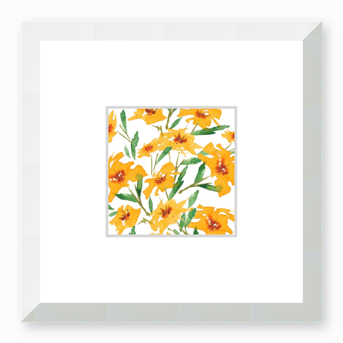 Framed Fine Art Print, Faux Mat - 12x12 inches | Yellow-Orange Floral Watercolour, fms-1310-001, Prints, Fine art, White Frame, 30 x 30 cm ,12 x 12 inches