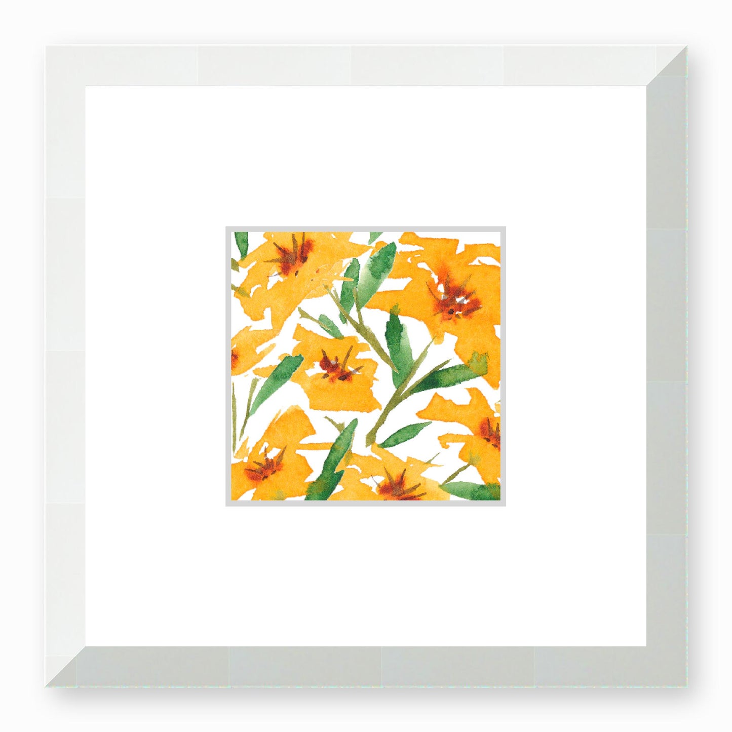 Framed Fine Art Print, Faux Mat - 12x12 inches | Yellow-Orange Floral Watercolour, fms-1310-002, Prints, Fine art, White Frame, 30 x 30 cm ,12 x 12 inches