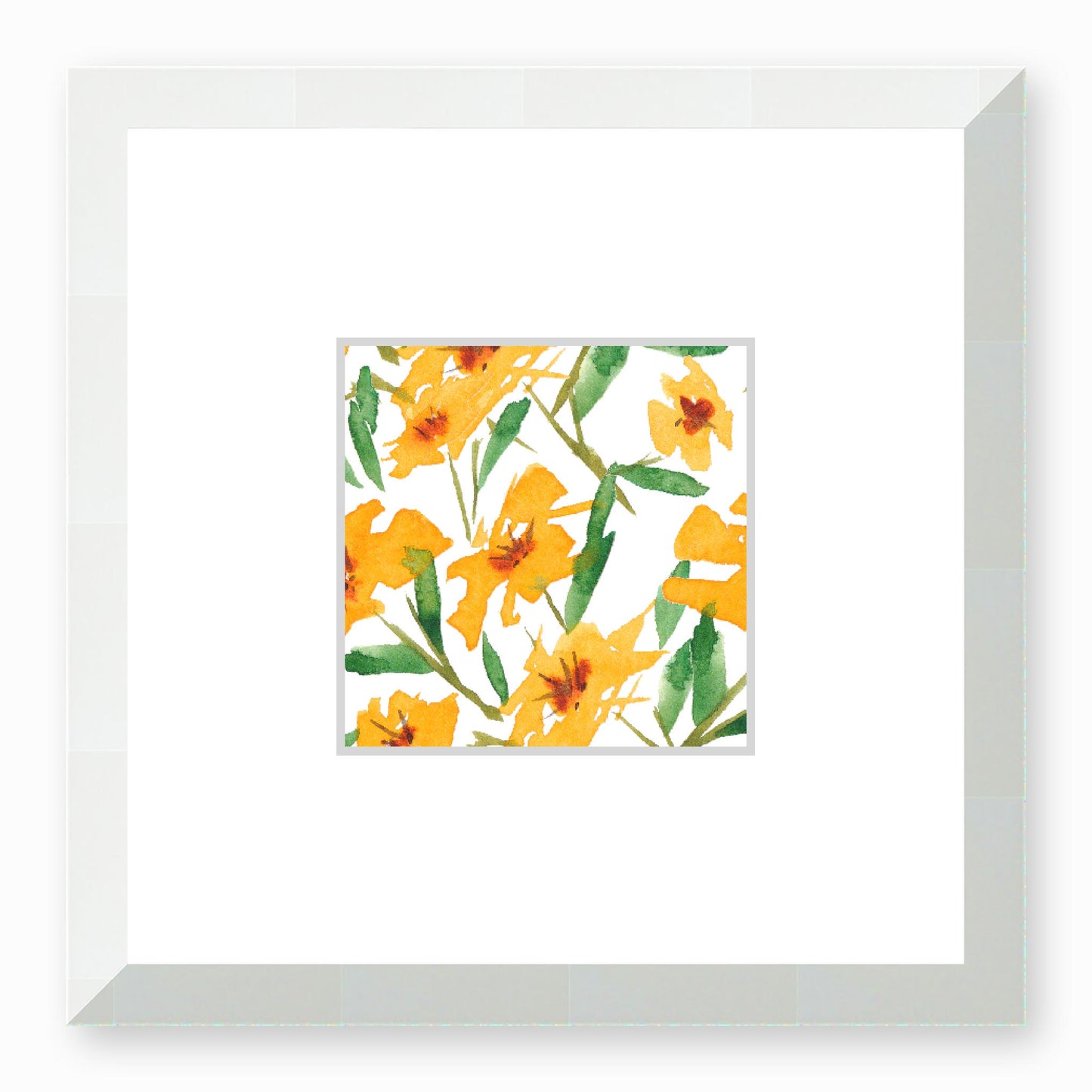 Framed Fine Art Print, Faux Mat - 12x12 inches | Yellow-Orange Floral Watercolour, fms-1310-003, Prints, Fine art, White Frame, 30 x 30 cm ,12 x 12 inches