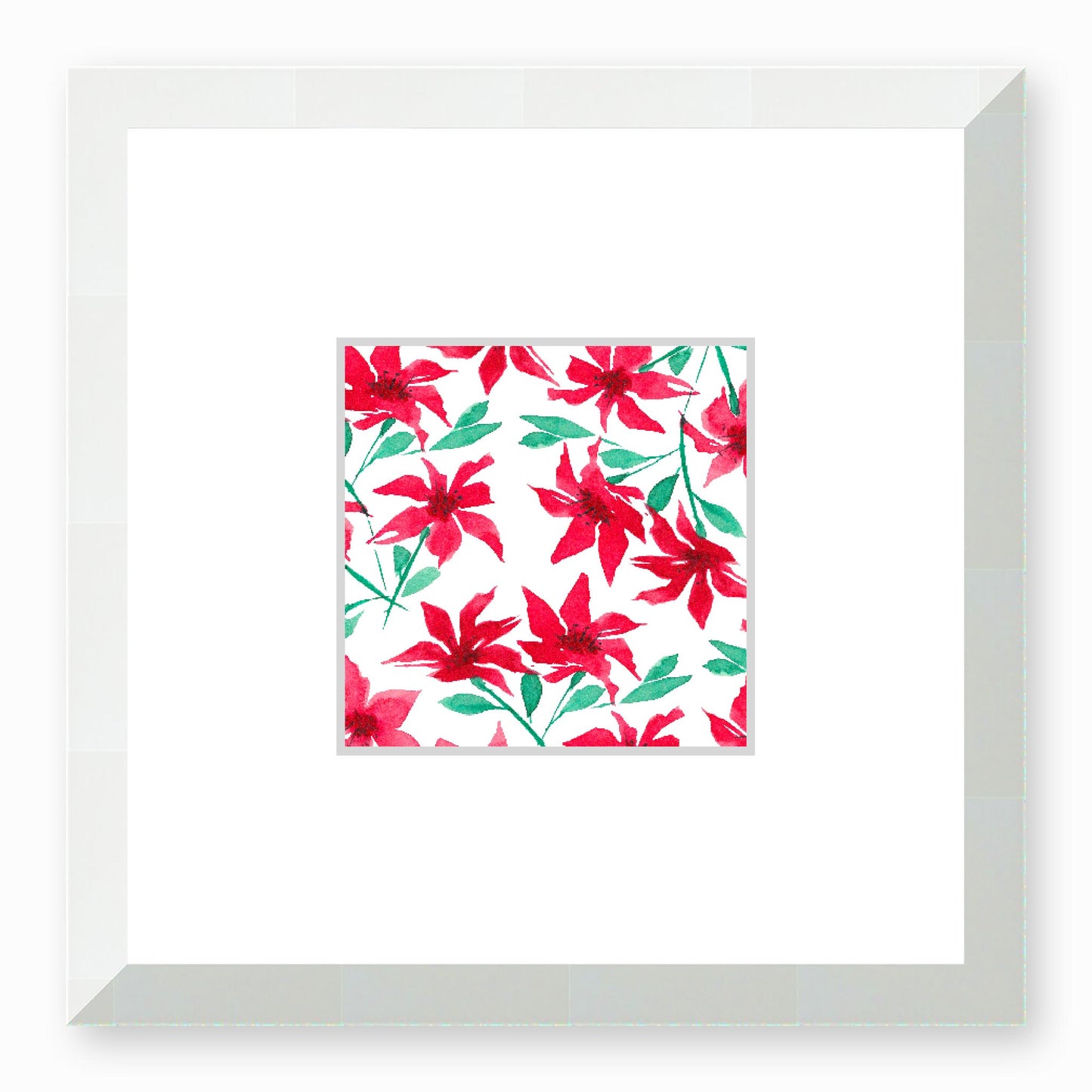 Framed Fine Art Print, Faux Mat - 12x12 inches | Red Floral Watercolour, fms-1330-003, Prints, Fine art, White Frame, 30 x 30 cm ,12 x 12 inches