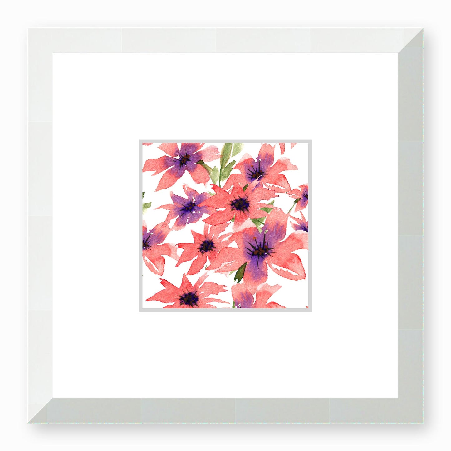 Framed Fine Art Print, Faux Mat - 12x12 inches | Pink Floral Watercolour, fms-1340-001, Prints, Fine art, White Frame, 30 x 30 cm ,12 x 12 inches