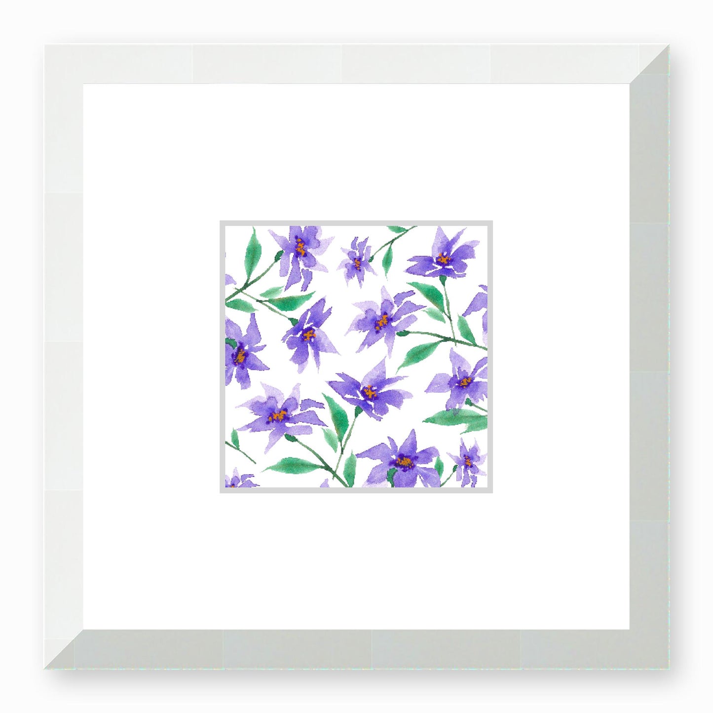 Framed Fine Art Print, Faux Mat - 12x12 inches | Purple Floral Watercolour, fms-1350-003, Prints, Fine art, White Frame, 30 x 30 cm ,12 x 12 inches