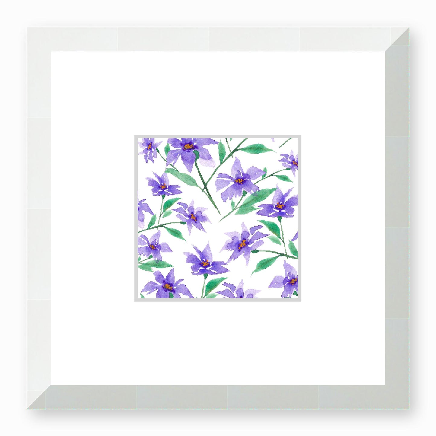 Framed Fine Art Print, Faux Mat - 12x12 inches | Purple Floral Watercolour, fms-1350-004, Prints, Fine art, White Frame, 30 x 30 cm ,12 x 12 inches
