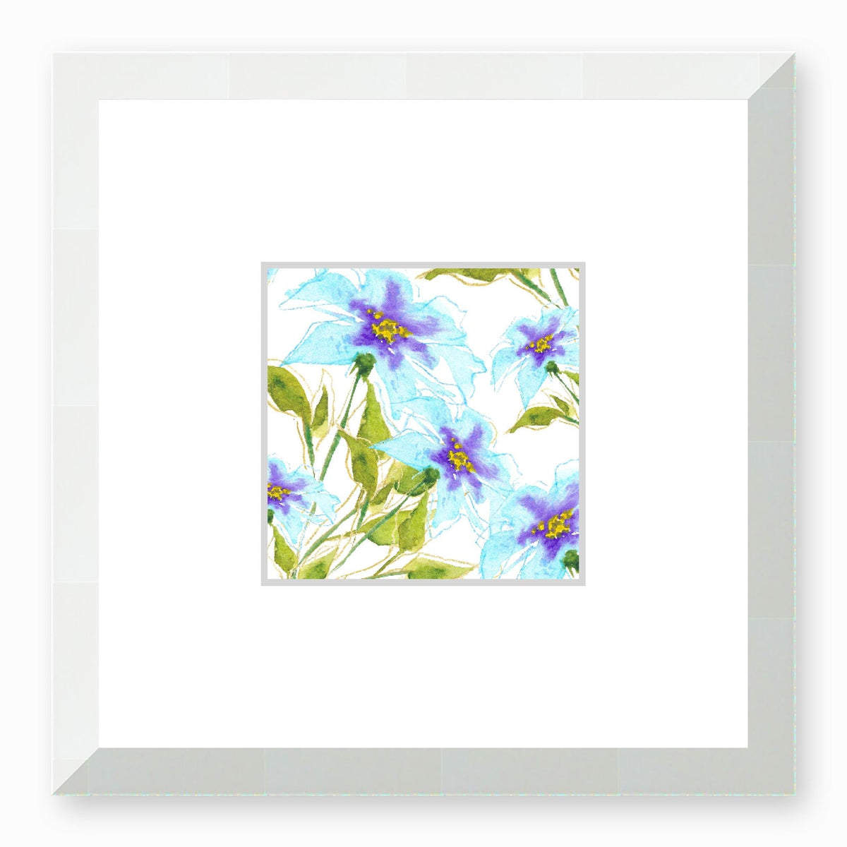 Aqua Bloom Framed Fine Art Watercolour Print | 30 x 30 cm / 12 x 12 inches | White Frame