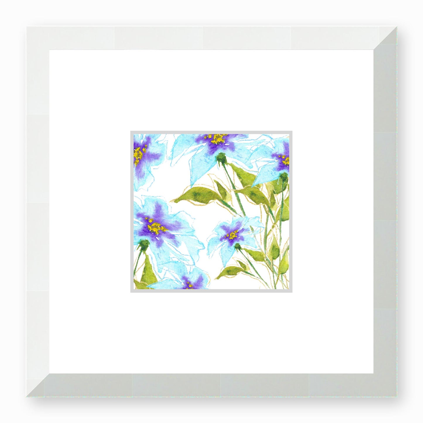 Framed Fine Art Print, Faux Mat - 12x12 inches | Blue Floral Watercolour, fms-1370-002, Prints, Fine art, White Frame, 30 x 30 cm ,12 x 12 inches