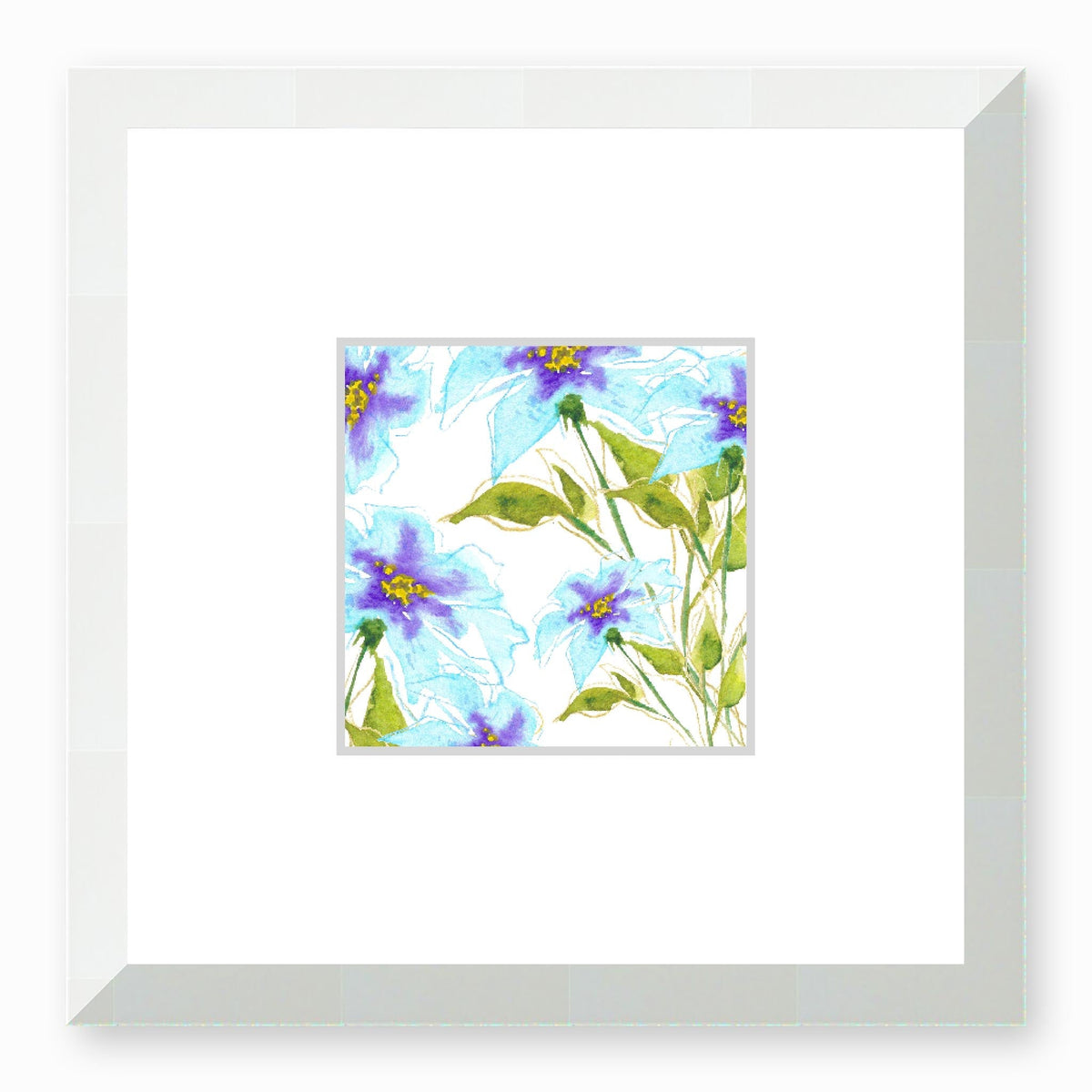 Aqua Bloom Framed Fine Art Watercolour Print | 30 x 30 cm / 12 x 12 inches | White Frame