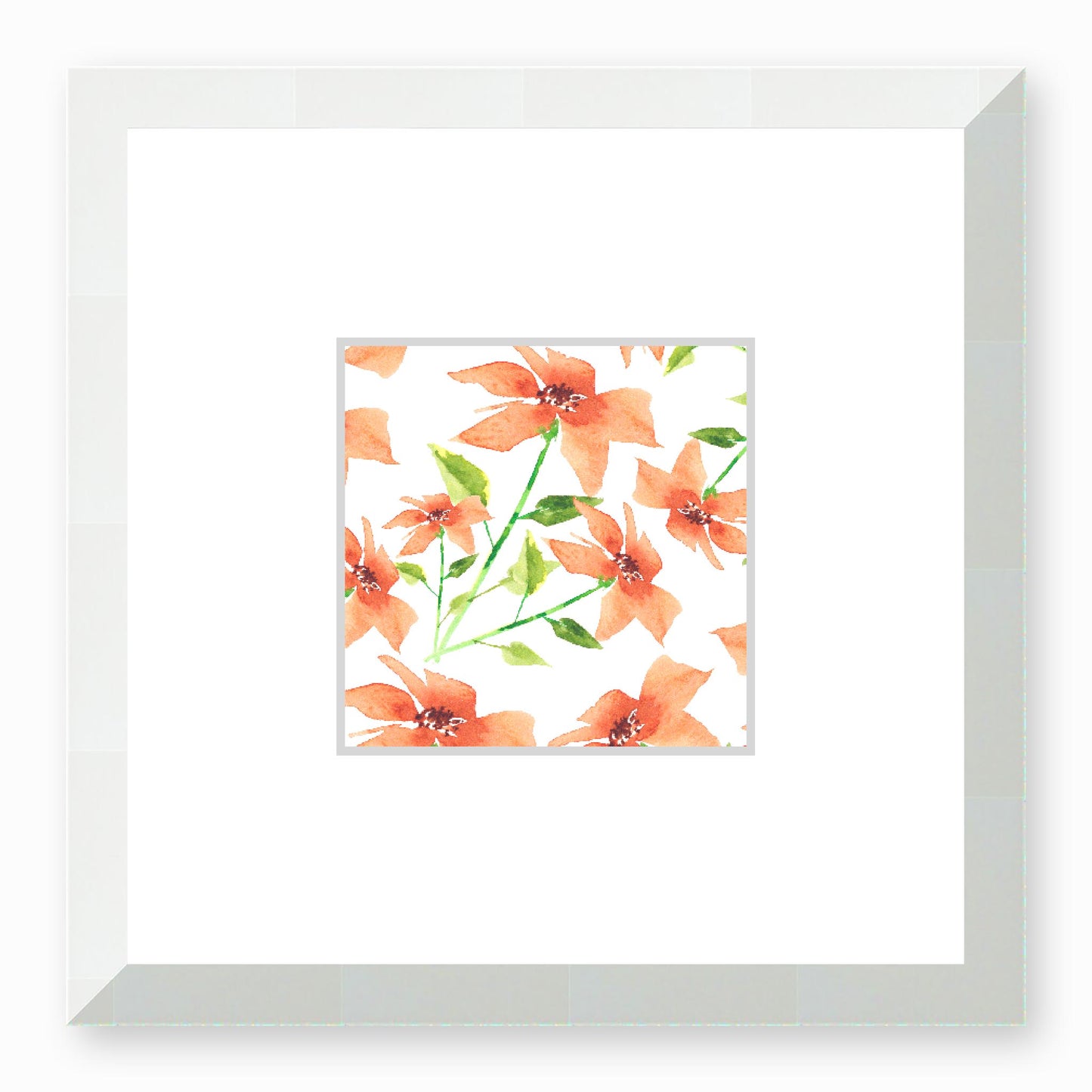Framed Fine Art Print, Faux Mat - 12x12 inches | Pale Orange Floral Watercolour, fms-1380-001, Prints, Fine art, White Frame, 30 x 30 cm ,12 x 12 inches