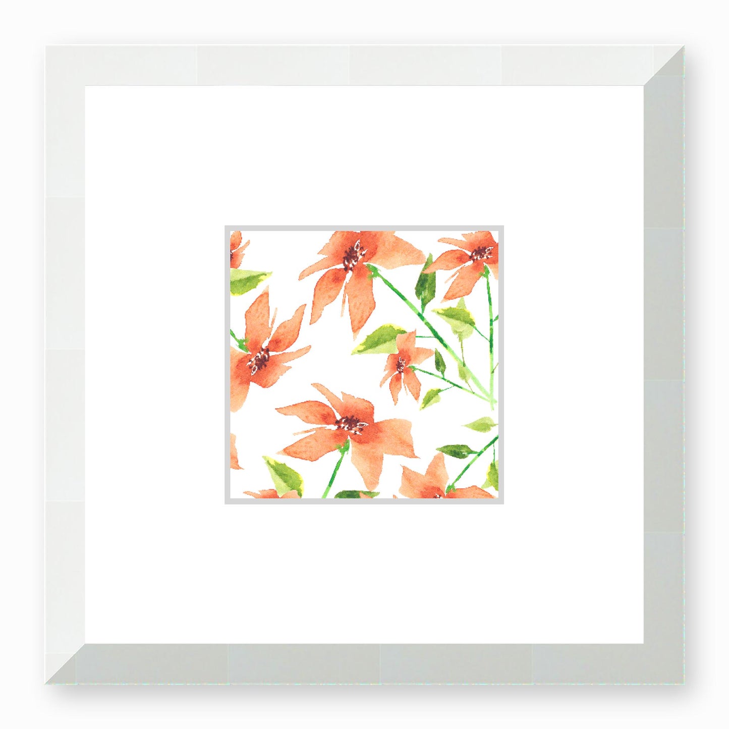 Framed Fine Art Print, Faux Mat - 12x12 inches | Pale Orange Floral Watercolour, fms-1380-002, Prints, Fine art, White Frame, 30 x 30 cm ,12 x 12 inches