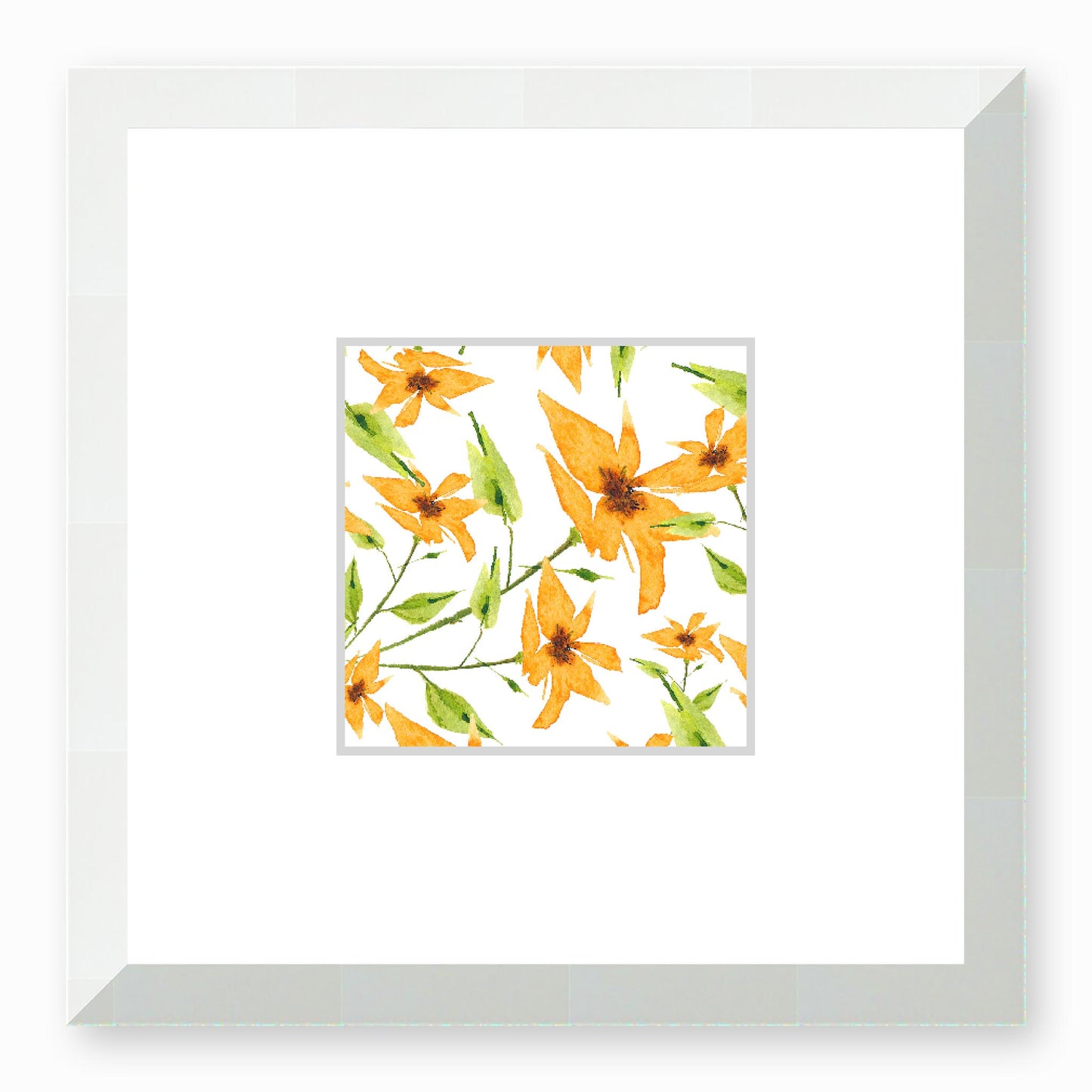 Framed Fine Art Print, Faux Mat - 12x12 inches | Yellow-Orange Floral Watercolour, fms-1390-001, Prints, Fine art, White Frame, 30 x 30 cm ,12 x 12 inches