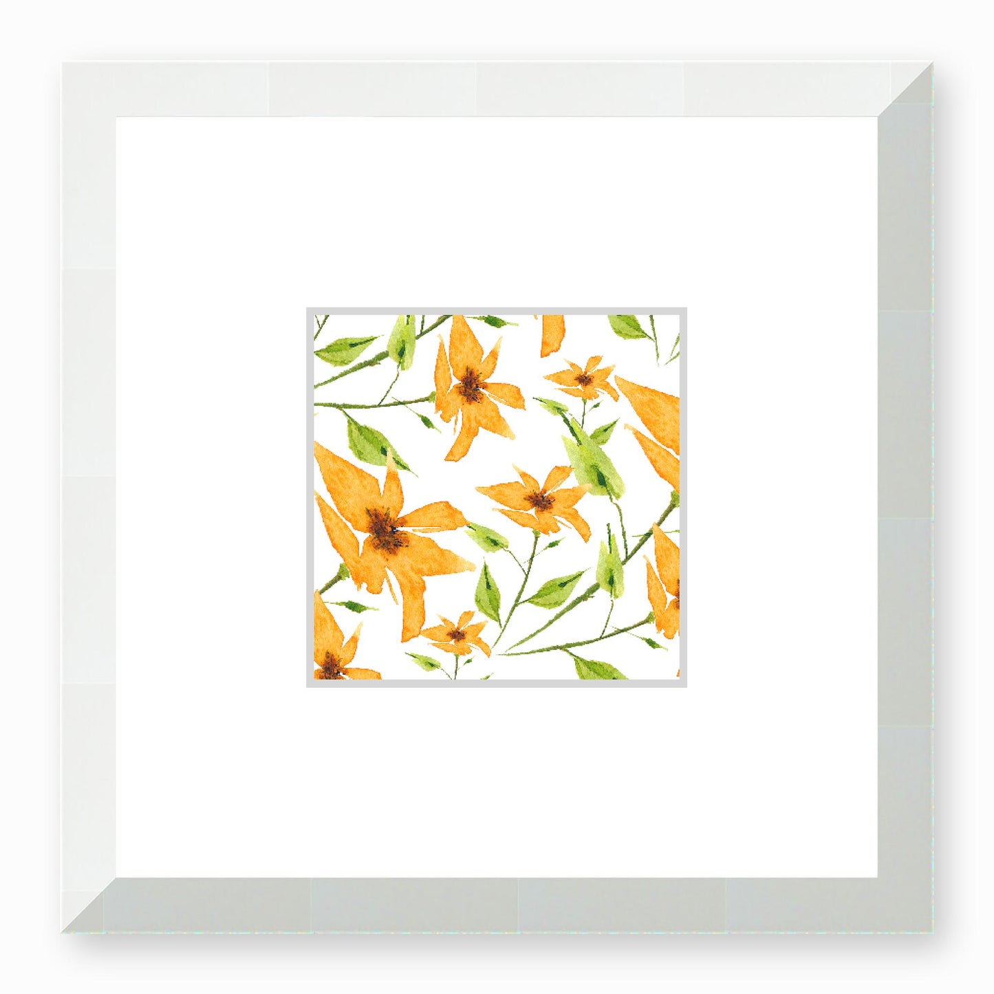 Framed Fine Art Print, Faux Mat - 12x12 inches | Yellow-Orange Floral Watercolour, fms-1390-002, Prints, Fine art, White Frame, 30 x 30 cm ,12 x 12 inches