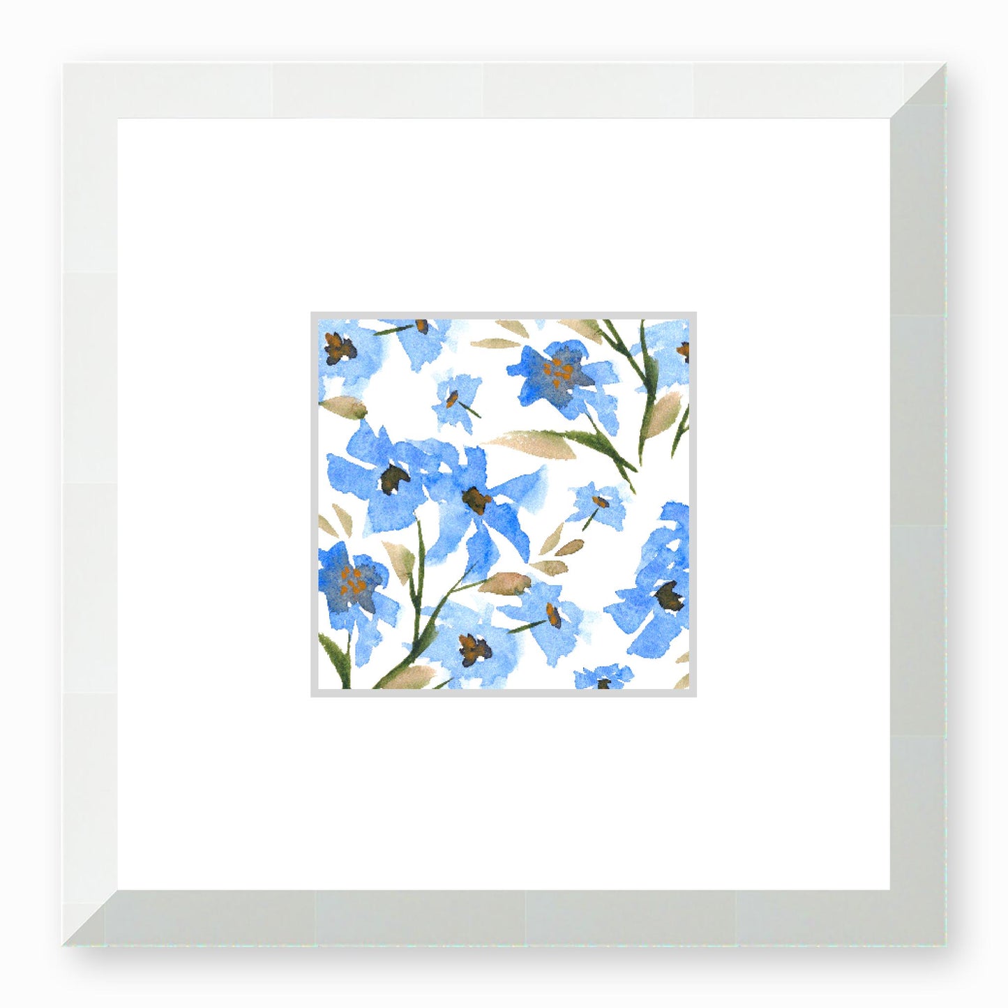 Framed Fine Art Print, Faux Mat - 12x12 inches | Blue Floral Watercolour, fms-1400-002, Prints, Fine art, White Frame, 30 x 30 cm ,12 x 12 inches
