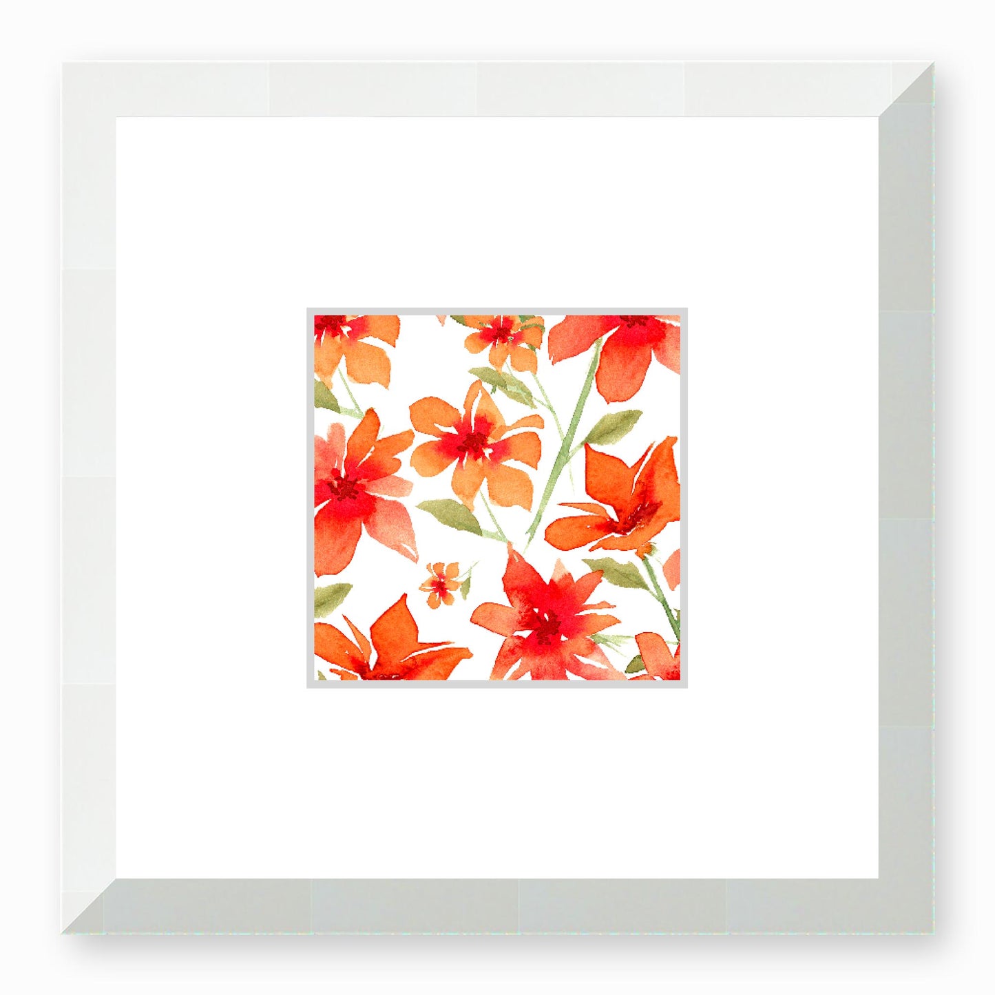 Framed Fine Art Print, Faux Mat - 12x12 inches | Red Floral Watercolour, fms-1410-001, Prints, Fine art, White Frame, 30 x 30 cm ,12 x 12 inches