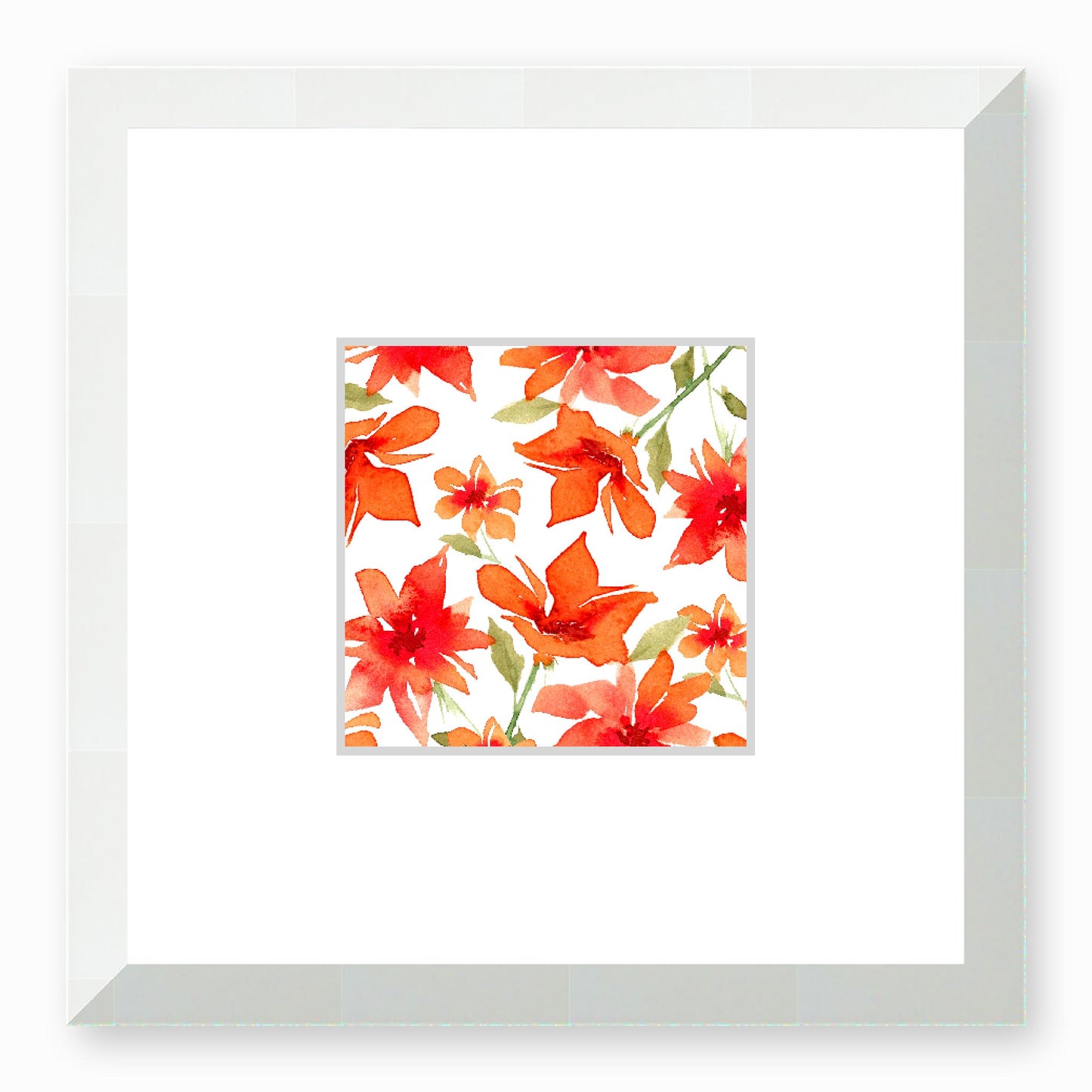 Framed Fine Art Print, Faux Mat - 12x12 inches | Red Floral Watercolour, fms-1410-002, Prints, Fine art, White Frame, 30 x 30 cm ,12 x 12 inches