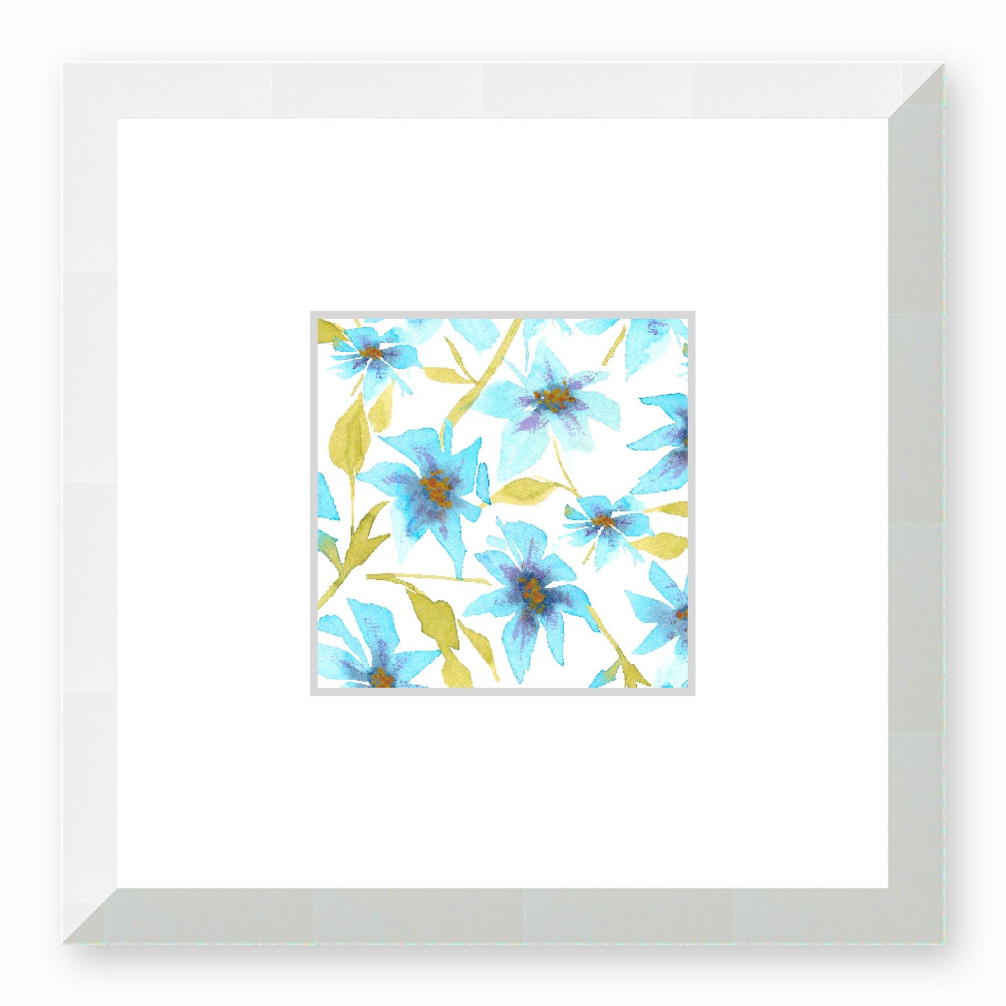 Framed Fine Art Print, Faux Mat - 12x12 inches | Blue Floral Watercolour, fms-1430-002, Prints, Fine art, White Frame, 30 x 30 cm ,12 x 12 inches