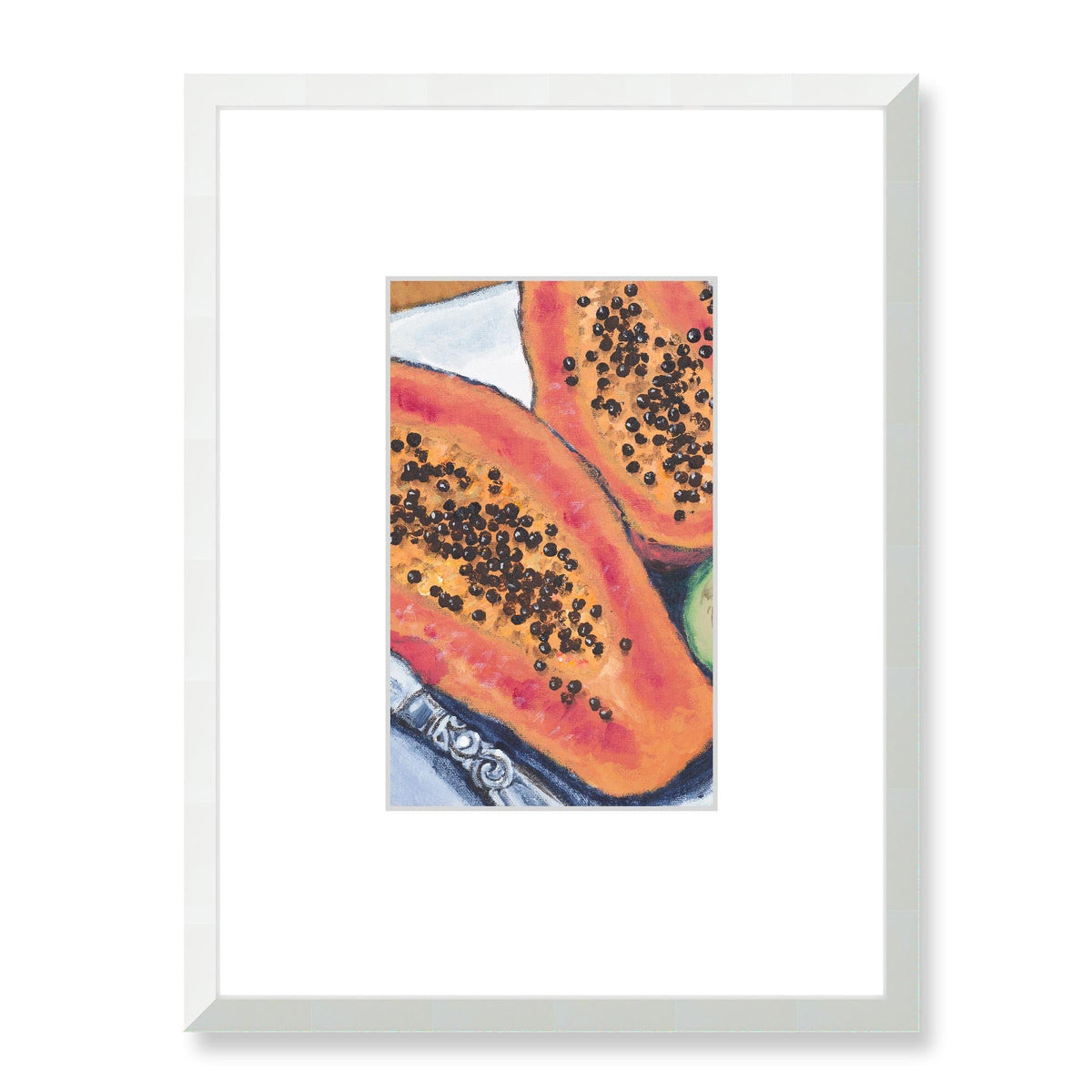 Papaya & Avocados Framed Fine Art Print with Faux Mat Board | 45 x 60 cm / 18 x 24 inches | White Frame