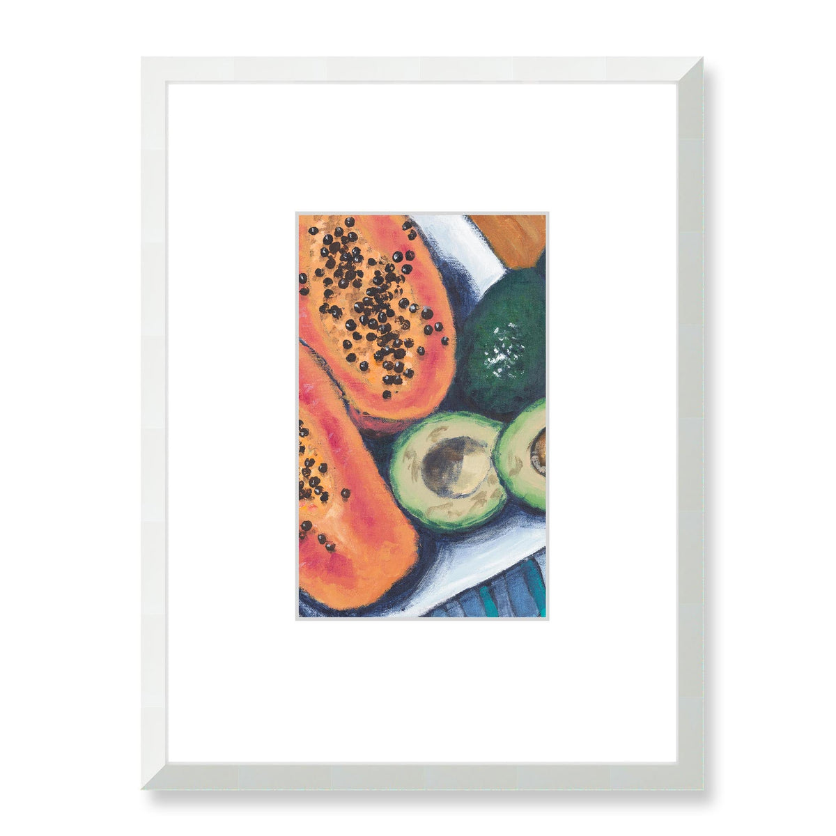 Papaya & Avocados Framed Fine Art Print with Faux Mat Board | 45 x 60 cm / 18 x 24 inches | White Frame