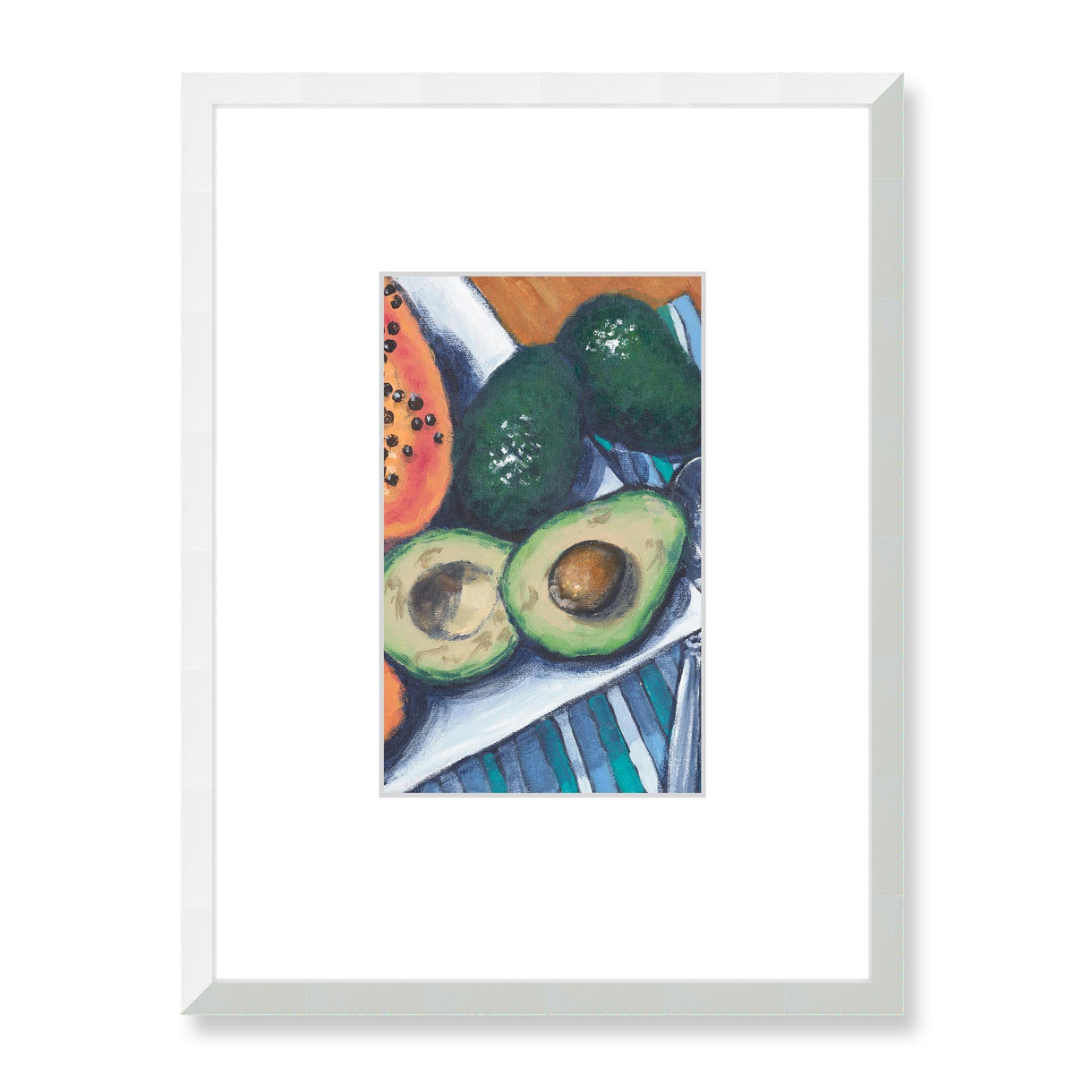 Papaya & Avocados Framed Fine Art Print with Faux Mat Board | 45 x 60 cm / 18 x 24 inches | White Frame