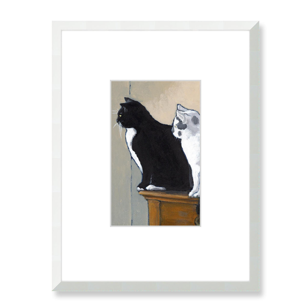 Black Cat White Cat Framed Fine Art Print with Faux Mat Board | 45 x 60 cm / 18 x 24 inches | White Frame