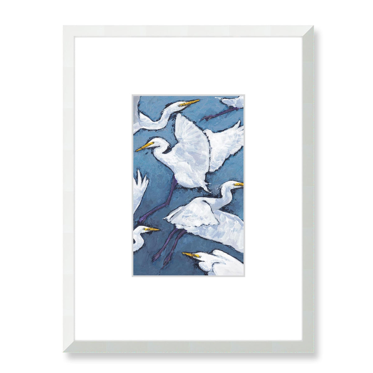 White Herons Framed Fine Art Print with Faux Mat Board | 45 x 60 cm / 18 x 24 inches | White Frame