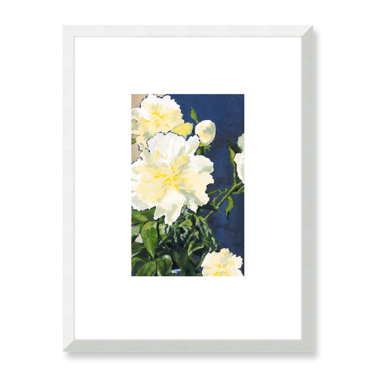 White Peonies Framed Fine Art Print with Faux Mat Board | 45 x 60 cm / 18 x 24 inches | White Frame