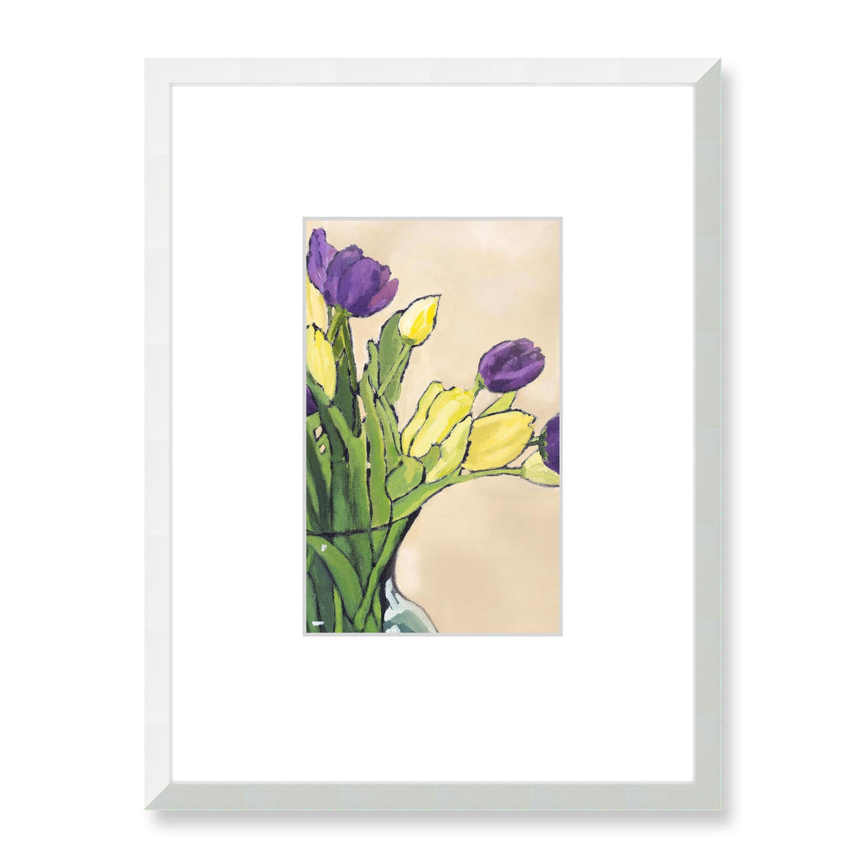 Purple & Yellow Tulips Framed Fine Art Print with Faux Mat Board | 45 x 60 cm / 18 x 24 inches | White Frame