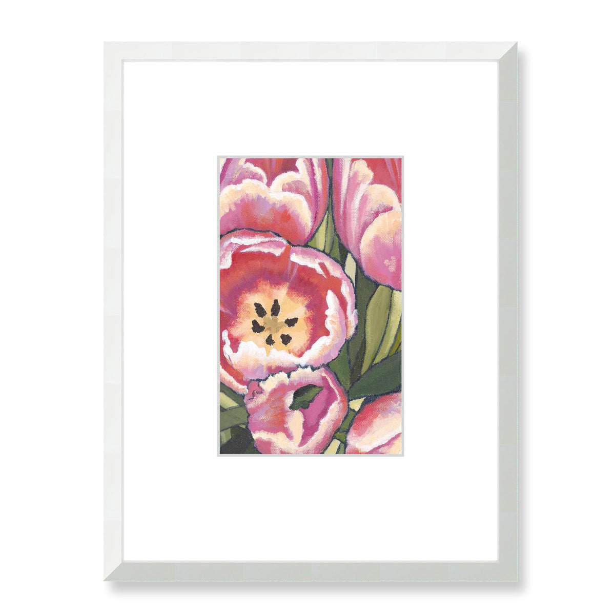 Pink Tulips Framed Fine Art Print with Faux Mat Board | 45 x 60 cm / 18 x 24 inches | White Frame