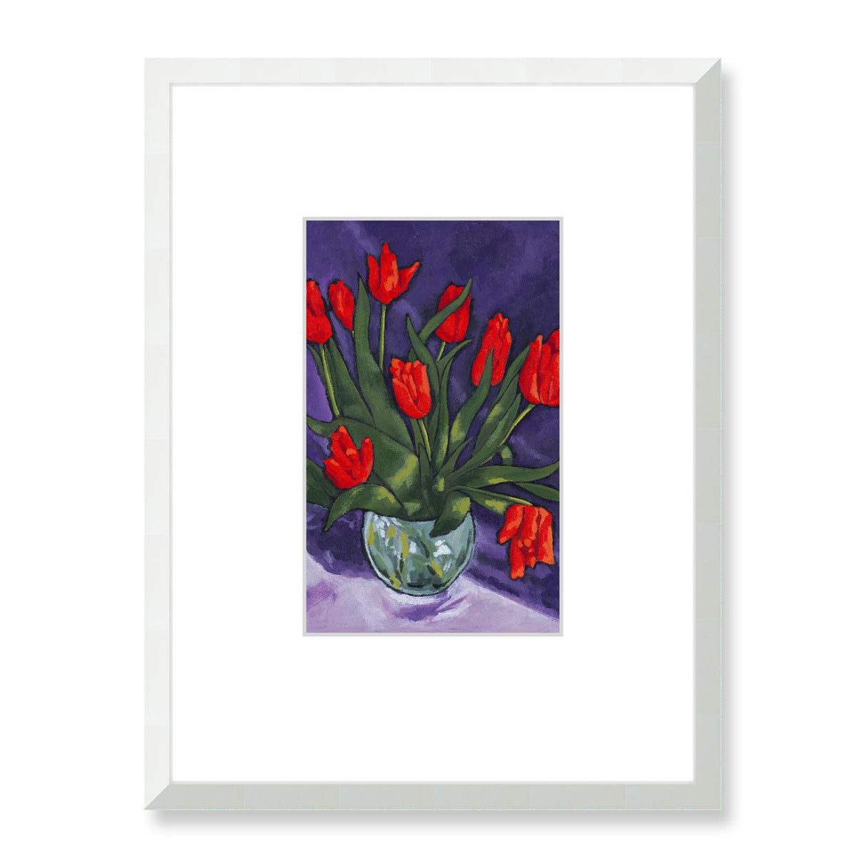 Red Tulips Framed Fine Art Print with Faux Mat Board | 45 x 60 cm / 18 x 24 inches | White Frame